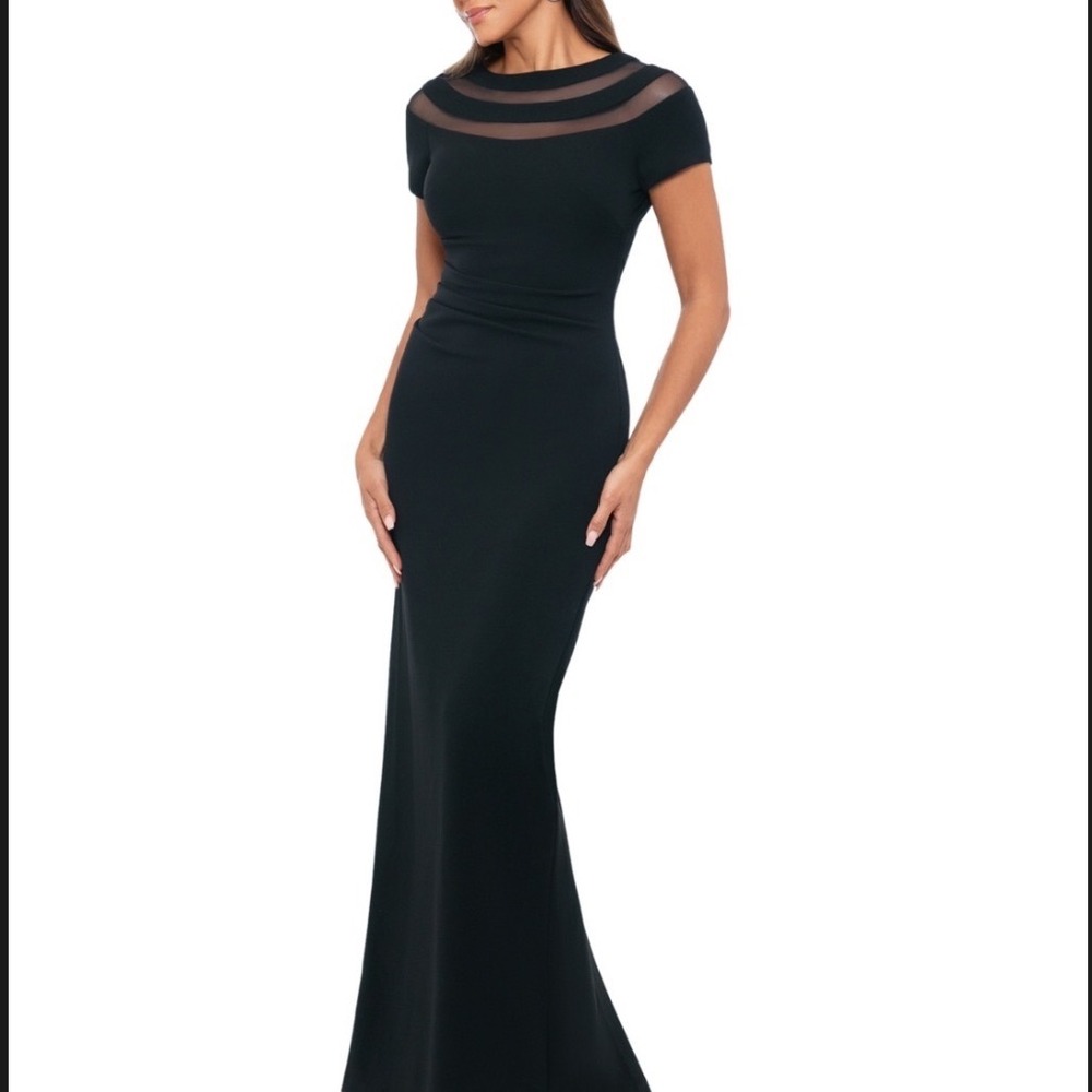X by Xscape Gown Women 6 NEW Illusion Mesh Ruched Black Maxi Dress MSRP $139